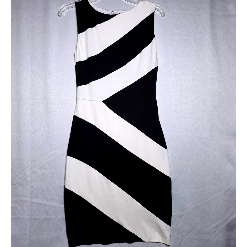 Cache Y2K Sleeveless Dress Black White Diagonal Stripe Sheath Size 4 RN 74578
